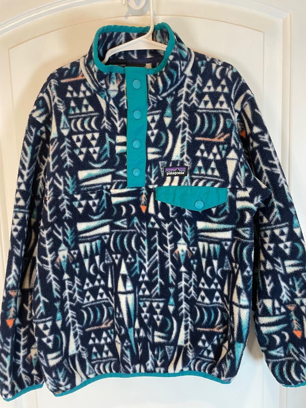 Patagonia Kids Navy & Teal Geometric Synchilla Snap Fleece Jacket Size Small 7-8
